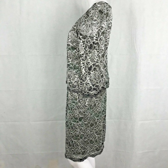 Alex Evenings Dress Womens Sz 10 Black Silver Floral Lace Layered Formal  Sheath